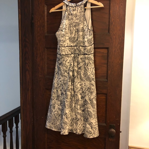 Ann Taylor LOFT Sz 8P Paris Cafe Print structured knee length a line Dress - Picture 4 of 7